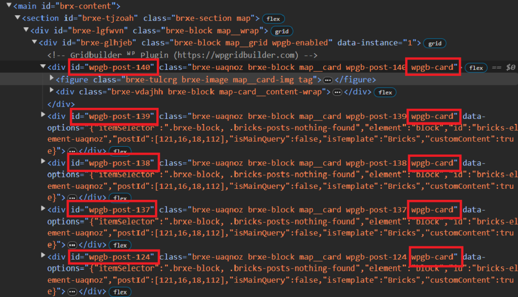 DOM and HTML code showing dynamic IDs and classes