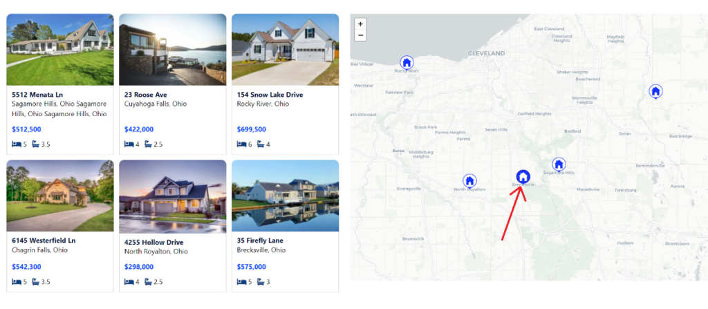 image of homes for sale and a map with markers