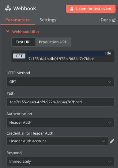 n8n webhook node settings