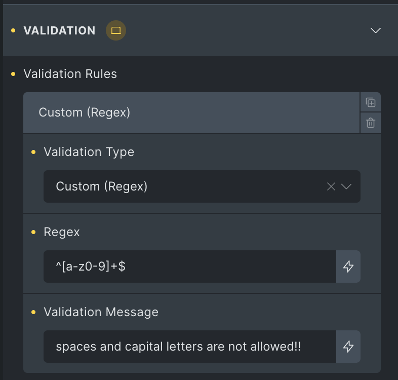 Bricks Forge Pro Forms regex field validation settings