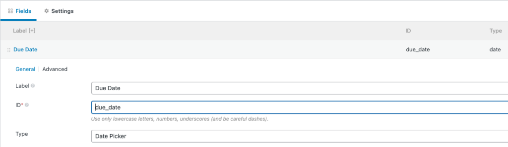 Image showing Meta Box custom field settings for due_date field